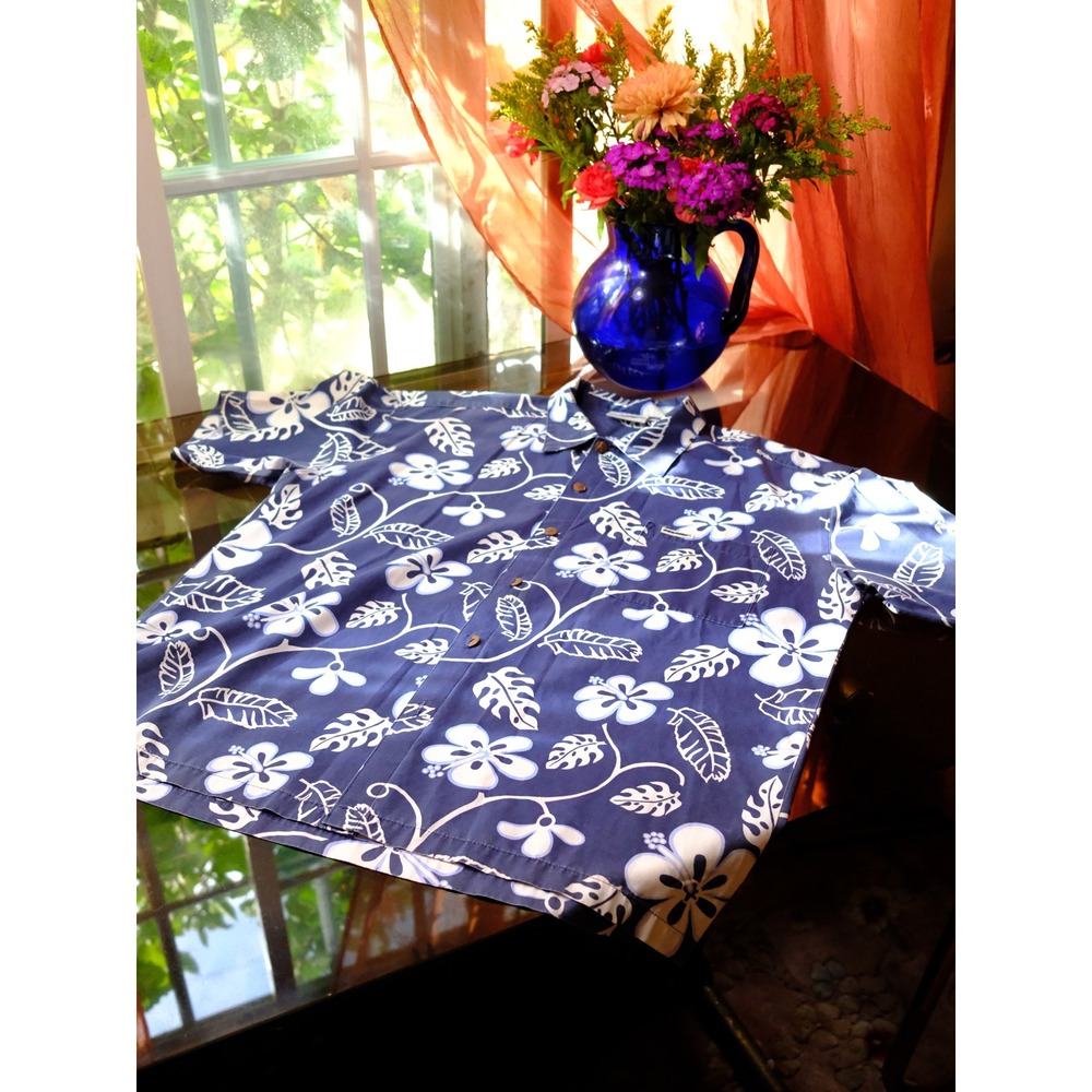 Murf  Blue White Hibiscus Tropical Floral Aloha Camp Shirt 2XL